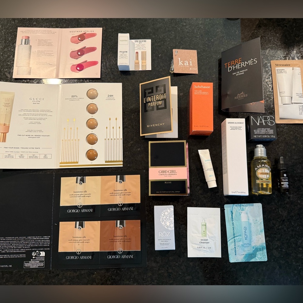 Luxury lot of skin care, cosmetics, and fragrance samples